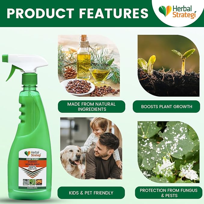 Herbal Strategi Ayurvedic Neem Oil Ready to use Spray for plants - 500 ml | Protection from Fungus & Pests | Boost Growth in Plants