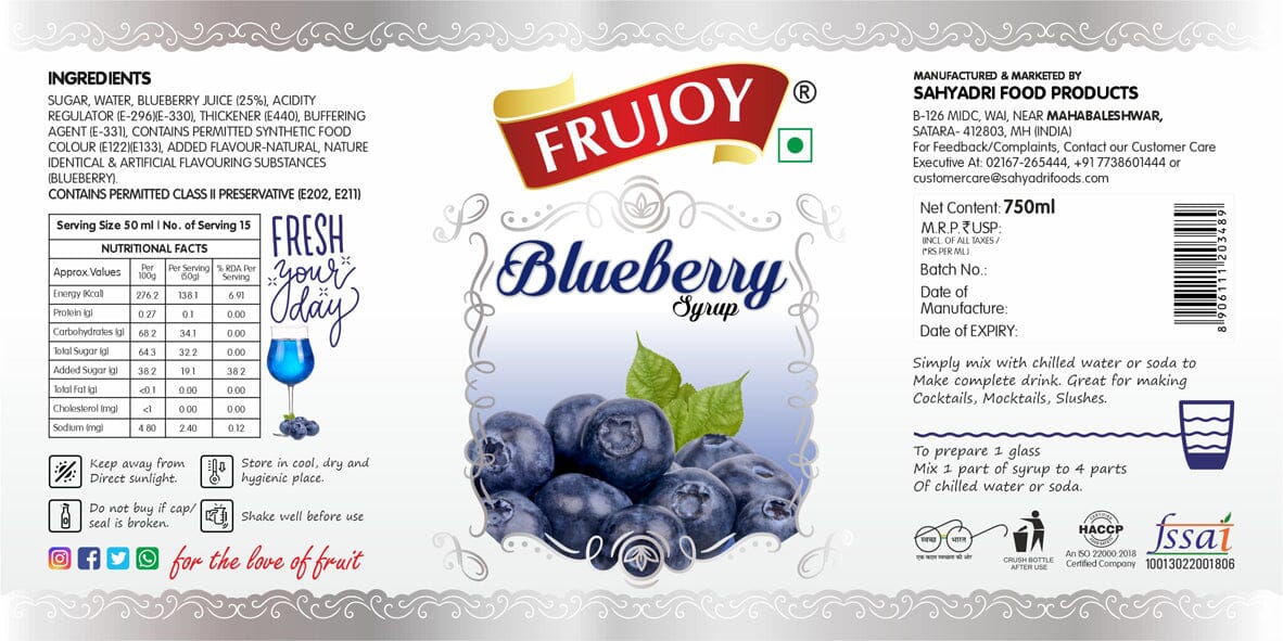 Frujoy Blueberry syrup 750ml | For Fruit Mocktail | Cocktail | Cake | Baking Essentials Crush Frujoy