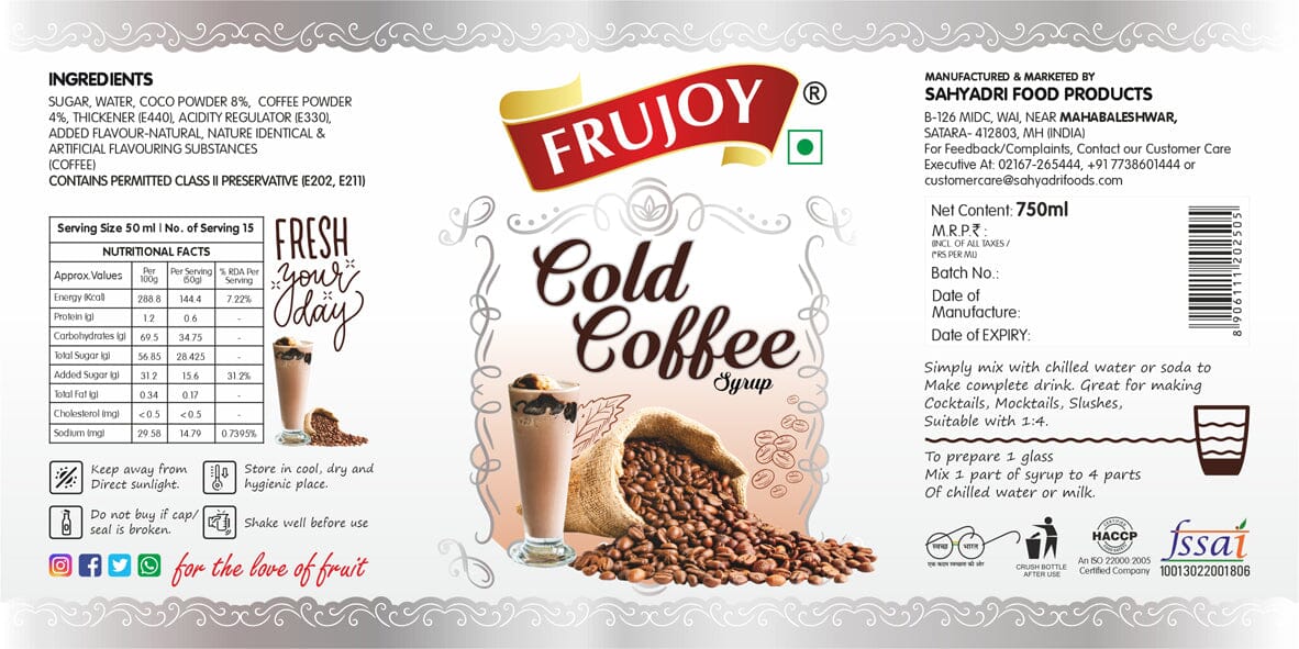 Frujoy Cold Coffee 750ml | For Drinks Juices | Fruit Mocktail | Cocktail | Sharbat | Baking Essentials | Beverages Crush Frujoy