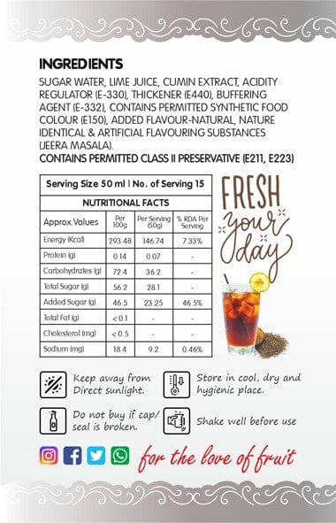 Frujoy Jeera Masala Syrup 750ml | For Fruit Mocktail | Cocktail | Juices & Shake| Beverages Crush Frujoy
