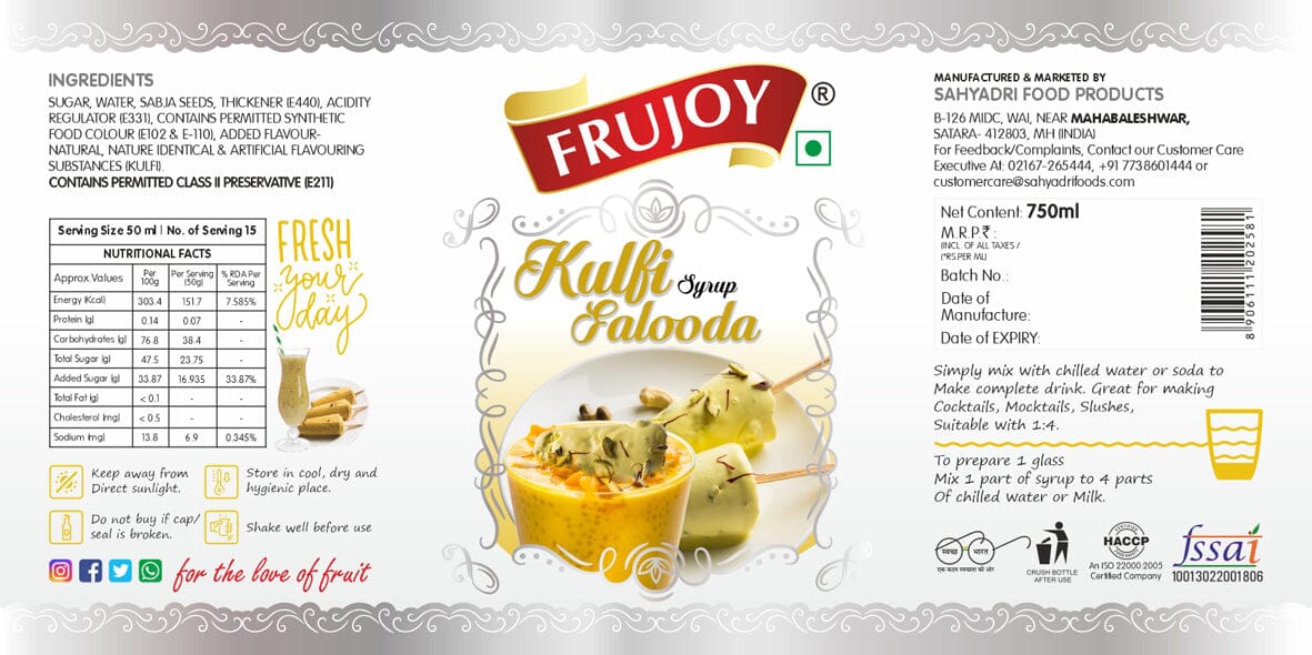 Frujoy Kulfi Falooda 750ml | For Drinks Juices | Fruit Mocktail | Cocktail | Sharbat | Faluda | Baking Essentials | Beverages Crush Frujoy