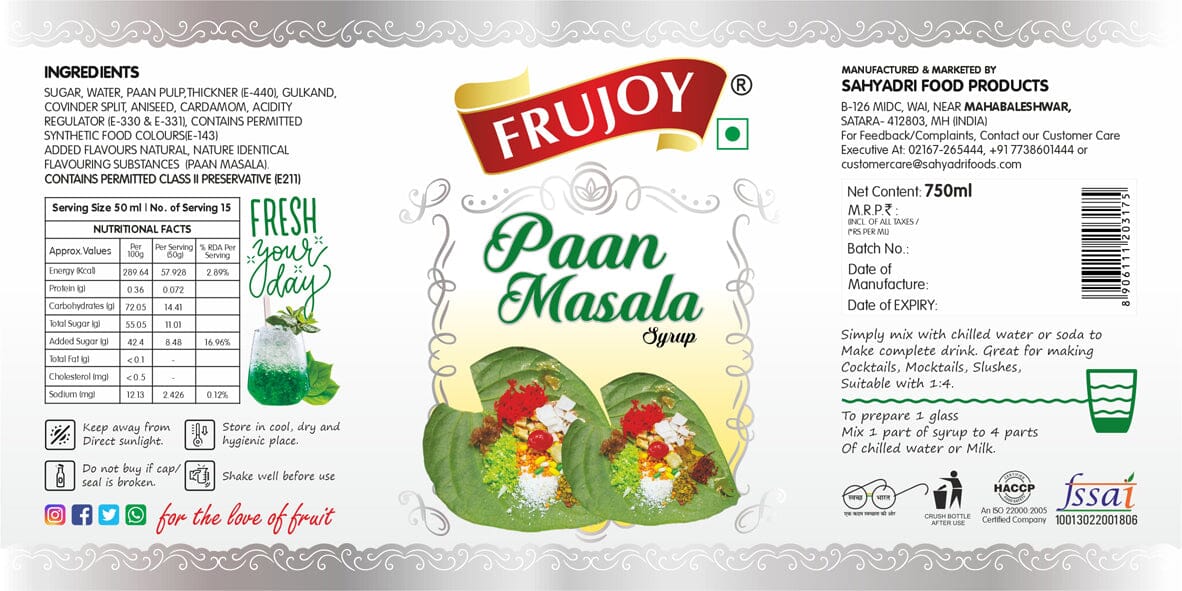 Frujoy Paan Masala 750ml | For Drinks Juices | Fruit Mocktail | Cocktail | Sharbat | Baking Essentials | Beverages Crush Frujoy