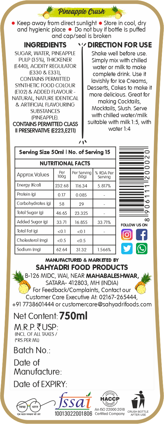 Frujoy Pineapple Crush 750ml | Anaanaas | For Fruit Mocktail | Cocktail | Cake | Baking Essentials | Juices | Beverages Crush Frujoy