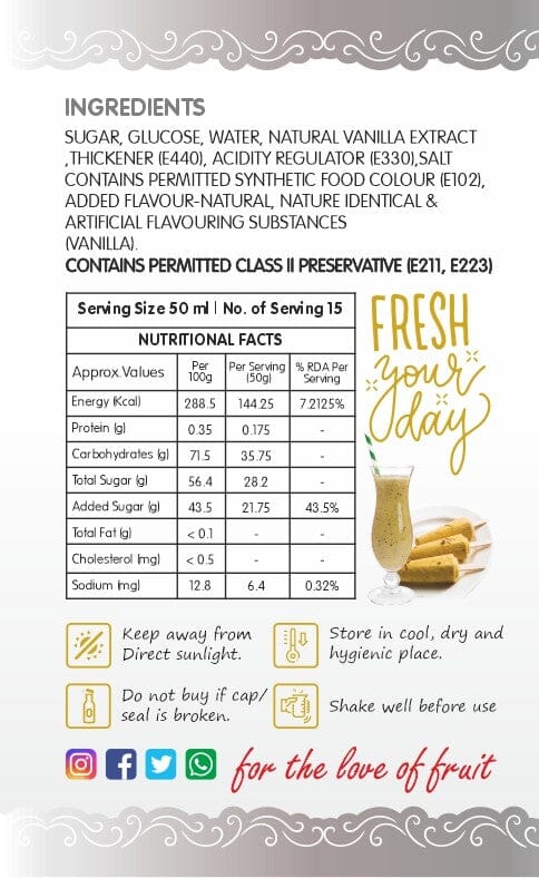 Frujoy Vanilla Syrup 750ml | For Fruit Mocktail | Cocktail | Milk Shake| Falooda | Baking Essentials Crush Frujoy
