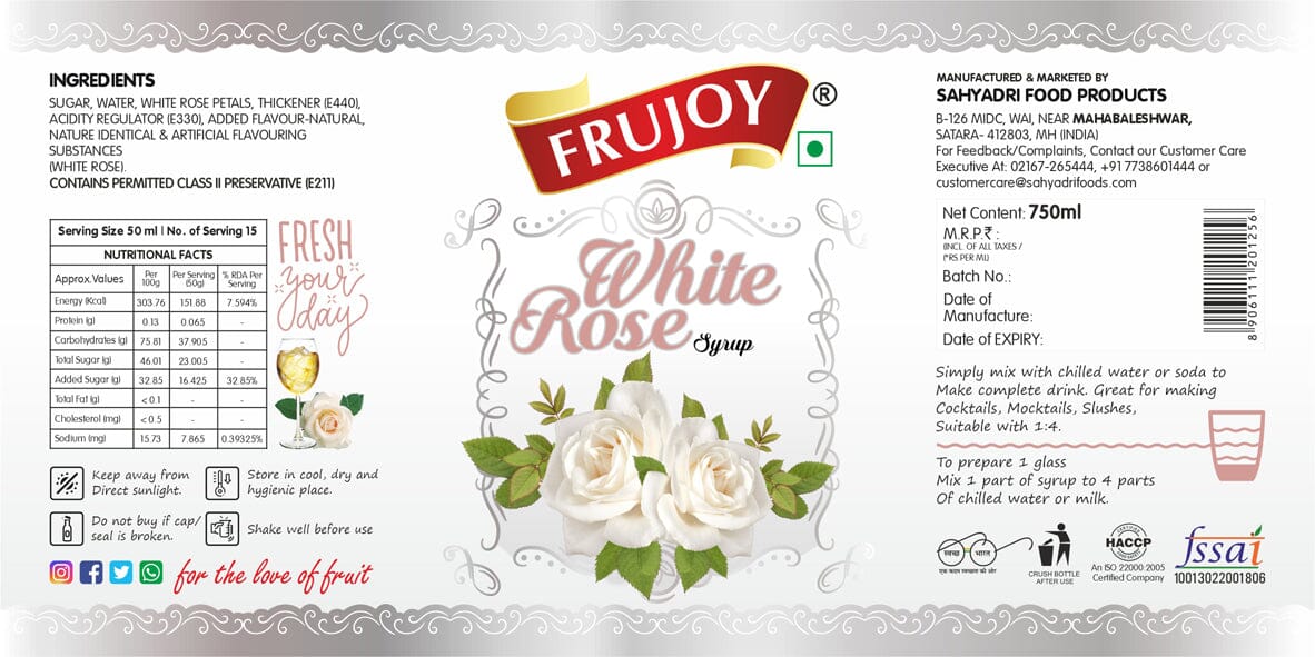 Frujoy While Rose Syrup 750ml | For Fruit Mocktail | Cocktail | Gulab Sharbat | Falooda | RoseMilk | Baking Essentials Crush Frujoy