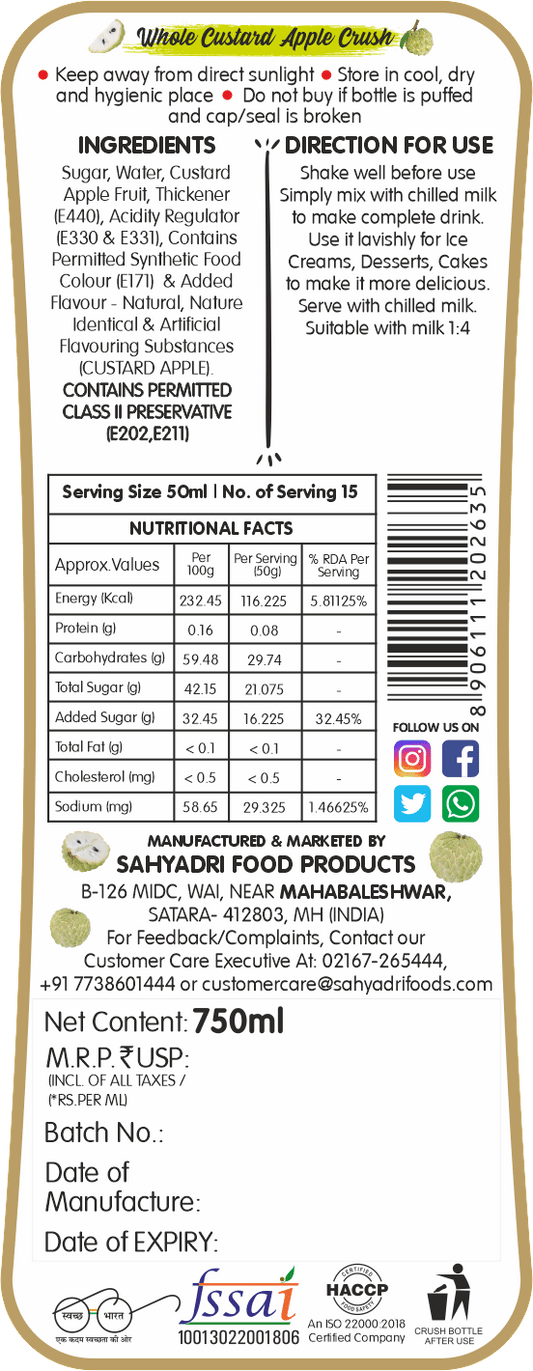 Frujoy Custard Apple Crush 750ml | For Fruit Mocktail | Cocktail | Cake | Baking Essentials | Juices | Beverages Crush Frujoy
