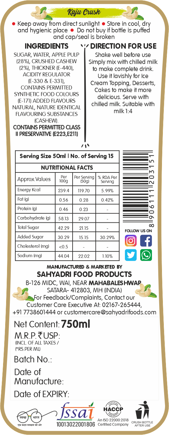Frujoy Kaju Crush 750ml | For Fruit Mocktail | Cocktail | Cake | Baking Essentials | Juices | Beverages Crush Frujoy