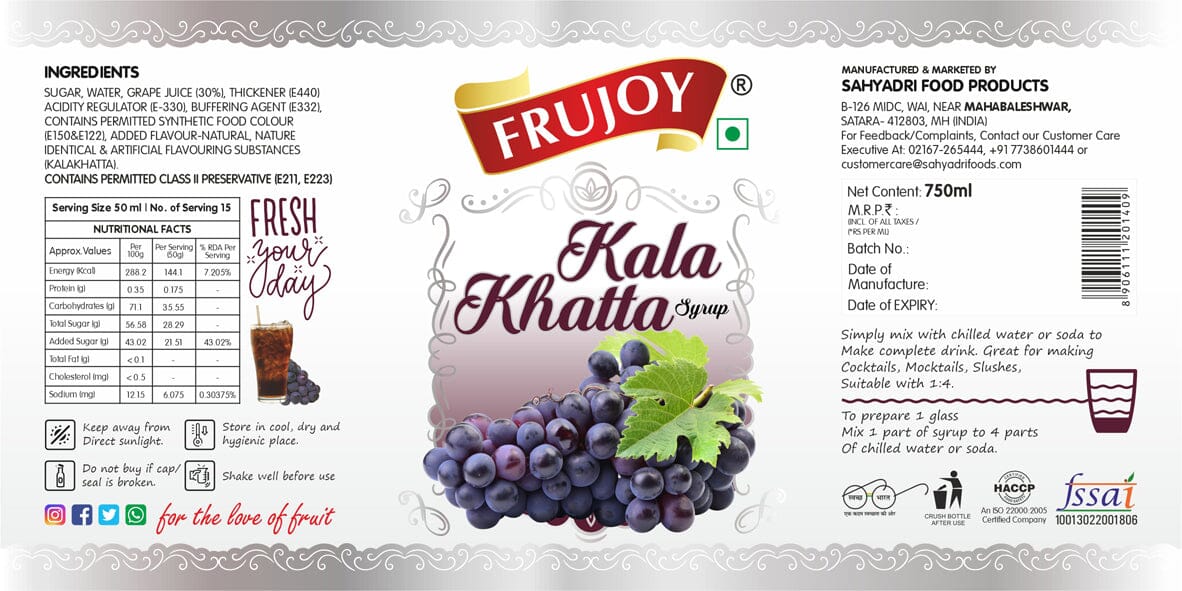 Frujoy Kala Khatta Syrup 750ml | For Fruit Mocktail | Cocktail | Juices & Shake| Beverages Crush Frujoy