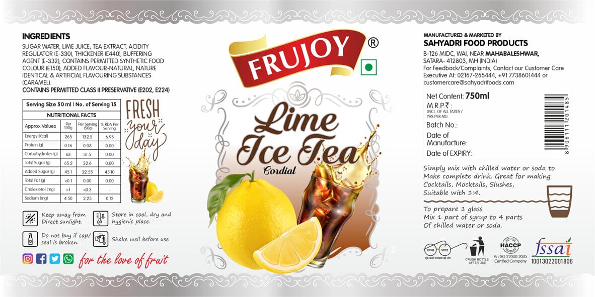 Frujoy Lime Ice Tea 750ml | For Drinks Juices | Fruit Mocktail | Cocktail | Sharbat | Baking Essentials | Beverages Crush Frujoy