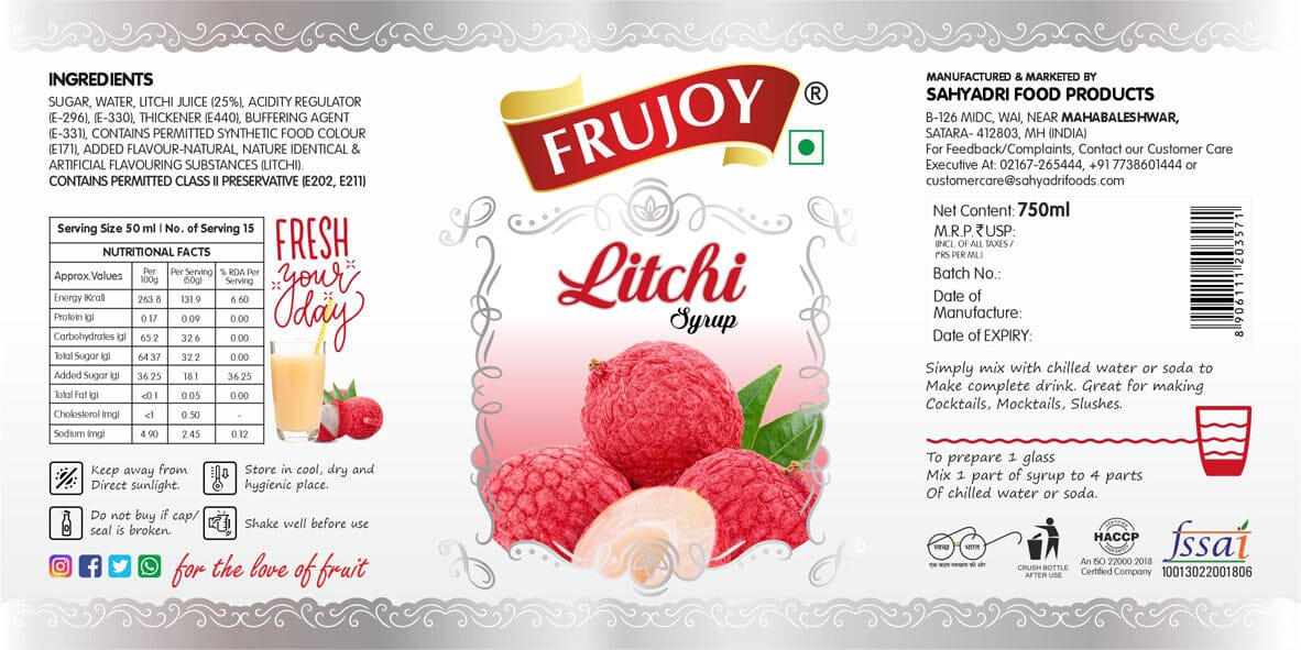 Frujoy Litchi Syrup 750ml | For Drinks Juices | Fruit Mocktail | Cocktail | Sharbat | Baking Essentials | Beverages Crush Frujoy