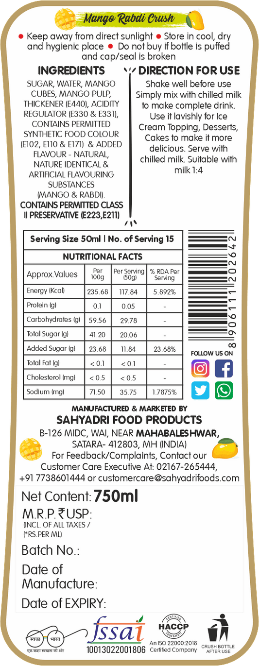 Frujoy Mango Rabadi Crush 750ml | For Fruit Mocktail | Cocktail | Cake | Baking Essentials | Juices | Beverages Crush Frujoy
