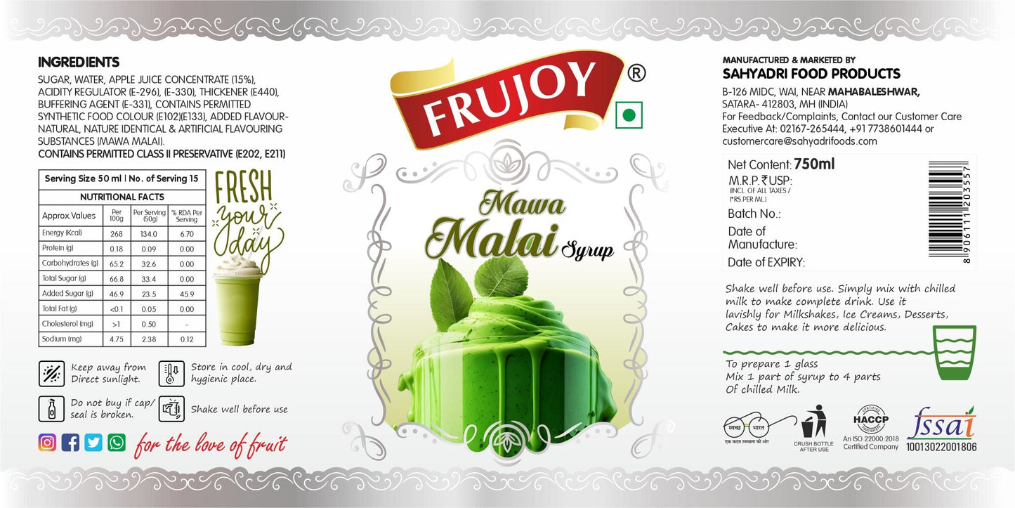 Frujoy Mava Malai syrup 750ml | For Drinks Juices | Fruit Mocktail | Cocktail | Sharbat | Baking Essentials | Beverages Crush Frujoy