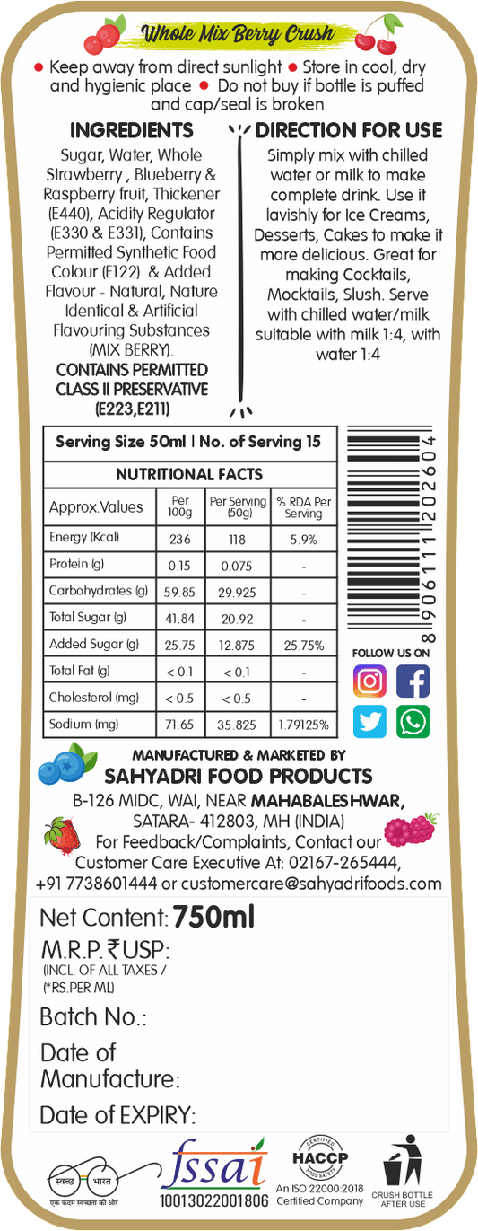 Frujoy Whole Mix Berry Crush Strawberry / Blueberry / Raspberry 750ml | High Fruit | For Fruit Mocktail | Cocktail | Milk Shake| Falooda | Baking Essentials Crush Frujoy
