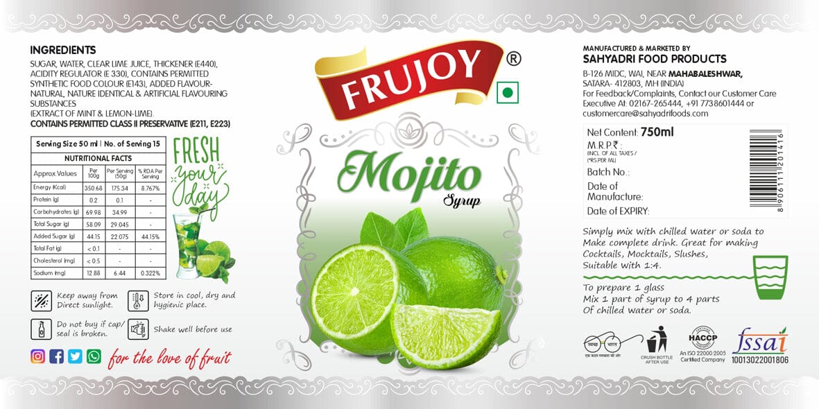 Frujoy Mojito 750ml | For Fruit Mocktail | Cocktail | Juices & Shake| Beverages Crush Frujoy