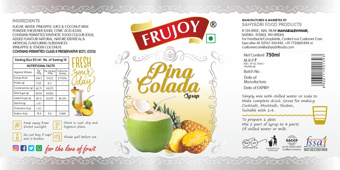 Frujoy Pinacolada 750ml | For Fruit Mocktail | Cocktail | Juices & Shake| Beverages Crush Frujoy