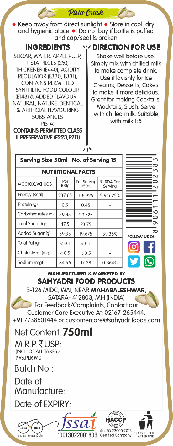 Frujoy Pista Crush 750ml | For Fruit Mocktail | Cocktail | Cake | Baking Essentials | Juices | Beverages Crush Frujoy