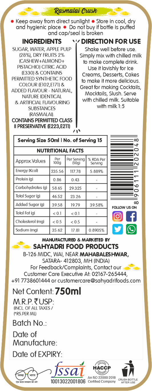 Frujoy Rasmalai Crush 750ml | For Fruit Mocktail | Cocktail | Cake | Baking Essentials | Juices | Beverages Crush Frujoy