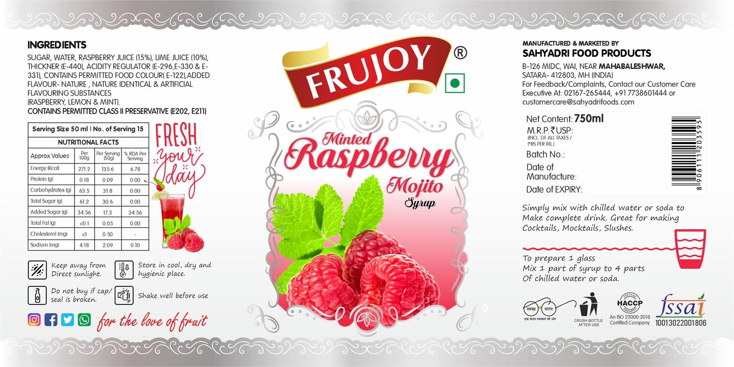 Frujoy Minted Raspberry Mint Mojito Syrup 750ml | For Drinks Juices | Fruit Mocktail | Cocktail | Sharbat | Baking Essentials | Beverages Crush Frujoy