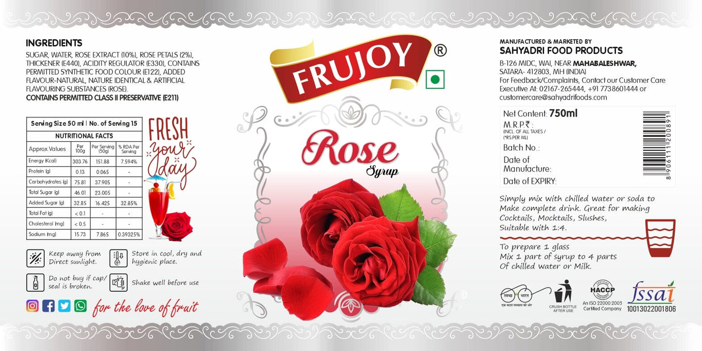 Frujoy Rose Syrup 750ml | For Fruit Mocktail | Cocktail | Gulab Sharbat | Falooda | Rose Milk | Baking Essentials Crush Frujoy