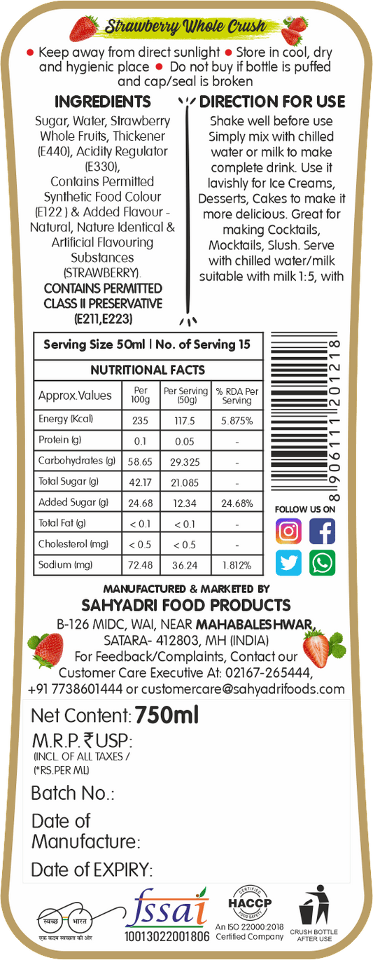 Frujoy Whole Strawberry Crush 750ml | High Fruit | For Fruit Mocktail | Cocktail | Milk Shake| Falooda | Baking Essentials Crush Frujoy